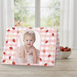 Tarjeta De Agradecimiento Berry Sweet Strawberry 1st Birthday Photo Folded H