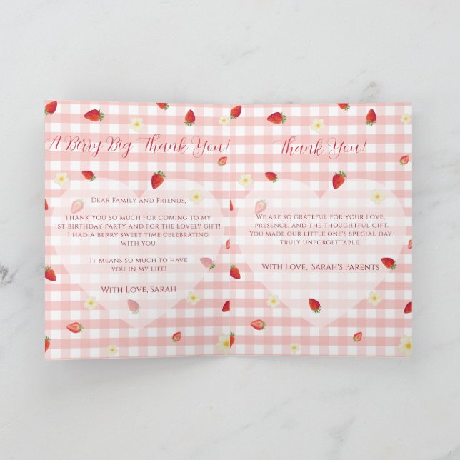 Tarjeta De Agradecimiento Berry Sweet Strawberry 1st Birthday Photo Folded V (Interior)