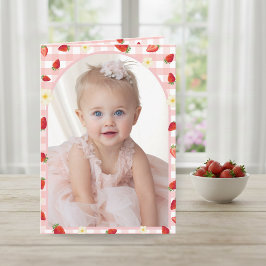Tarjeta De Agradecimiento Berry Sweet Strawberry 1st Birthday Photo Folded V