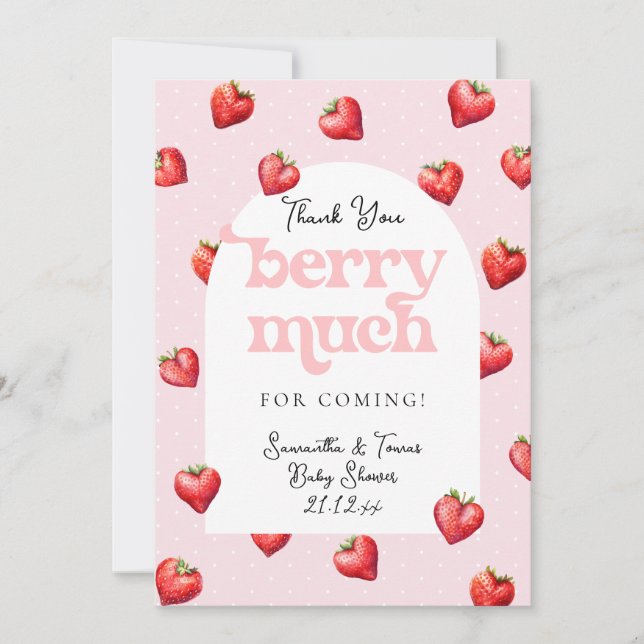 Tarjeta De Agradecimiento Berry Sweet Strawberry Heart Chica Baby Shower (Anverso)
