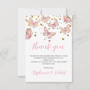 Tarjeta De Agradecimiento Besos de Mariposa Rosa y Dorado Baby Shower 