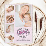Tarjeta De Agradecimiento Best Mom In the World Scrip Photos Mom Pink<br><div class="desc">Lindo diseño de Tarjeta de Dia de la madre o cumpleaños de mama la tarjeta cuenta con linda tipografia moderna en tonos Rosa y Gris obscuro con la Frase "BEST MOM IN THE WORLD" y en la parte frontal 5 fotos personalizables para que inmortalize sus mejores momentos con mama. en...</div>