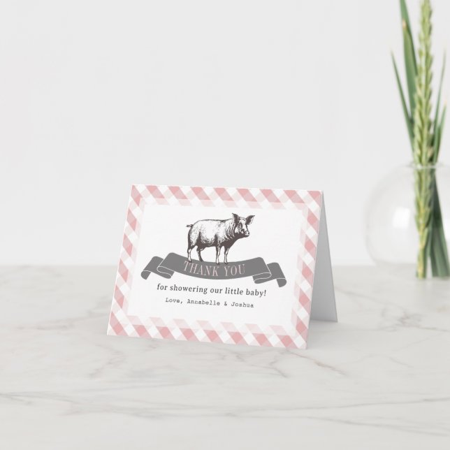 Tarjeta De Agradecimiento Bibs & Ribs BBQ Rustic Pink Gingham Baby Shower (Anverso)
