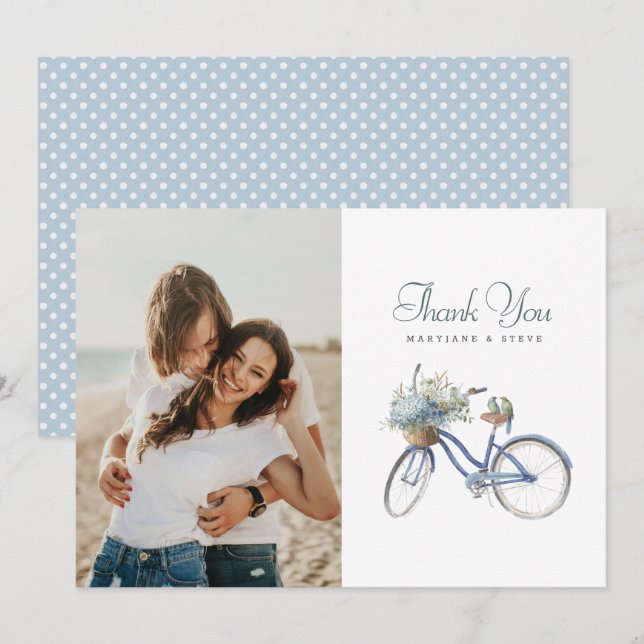 Tarjeta De Agradecimiento Bicicleta azul Boda de acuarela bohemia (Anverso / Reverso)