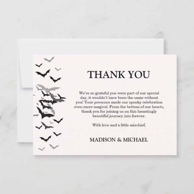 Tarjeta De Agradecimiento Bienvenida a Boda gótico de Halloween Black Bat (Anverso)
