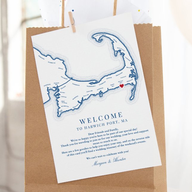 Tarjeta De Agradecimiento Bienvenida a Itinerario el Boda de MAMÁES portuari (These Harwich Port MA Cape Cod map wedding welcome cards include a weekend events schedule)