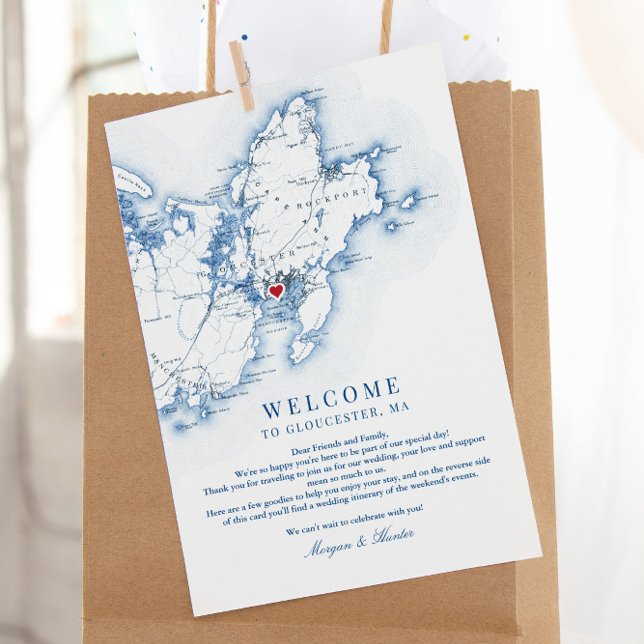 Tarjeta De Agradecimiento Bienvenida a Itinerary Boda de Gloucester Cape Ann (This Gloucester, MA wedding welcome letter includes a weekend schedule of events on the back)