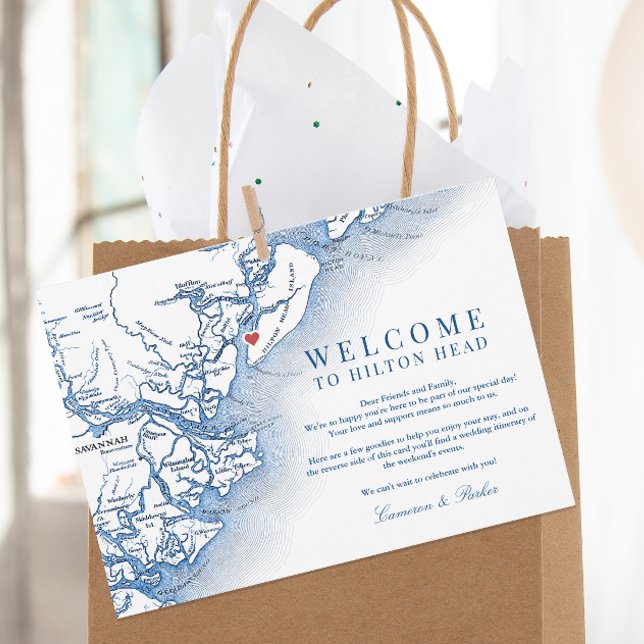 Tarjeta De Agradecimiento Bienvenida a Itinerary Boda de la Marina de Cabeza (Elegant HIlton Head Wedding Welcome Letter with wedding weekend itinerary with South Carolina map)
