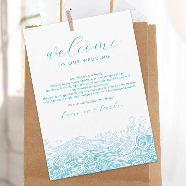 Tarjeta De Agradecimiento Bienvenida a Itinerary Boda de las olas del océano (Ocean Waves Beach Wedding Welcome Letter and Weekend Events Itinerary Wedding Schedule)