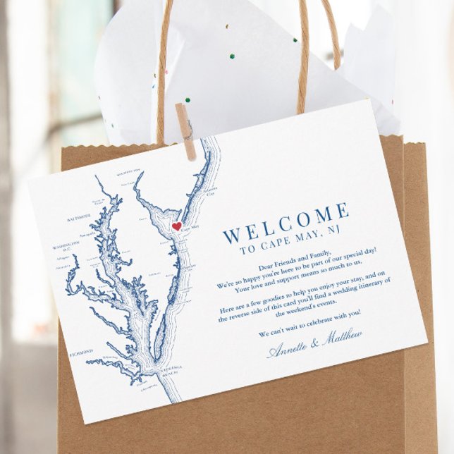 Tarjeta De Agradecimiento Bienvenida a Itinerary Boda de Nueva Jersey en el  (This Cape May NJ wedding welcome letter includes room for your itinerary and schedule of events)