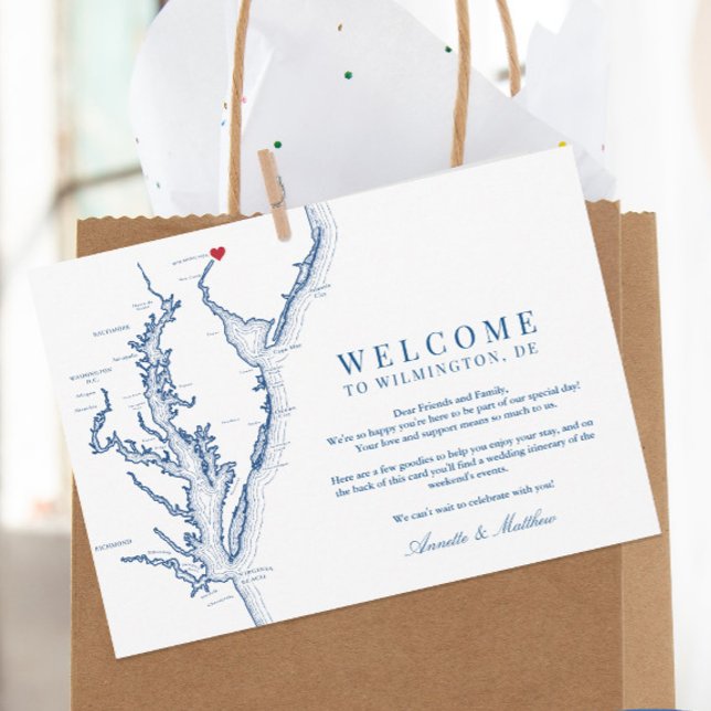 Tarjeta De Agradecimiento Bienvenida Boda Wilmington Delaware e Itinerario (These Wilmington Delaware wedding welcome letters have your wedding itinerary on the back)