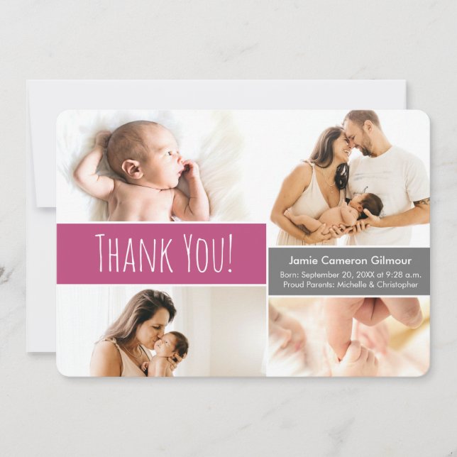 Tarjeta De Agradecimiento Bienvenida Casa Bebé Collage de fotos Rosa (Anverso)