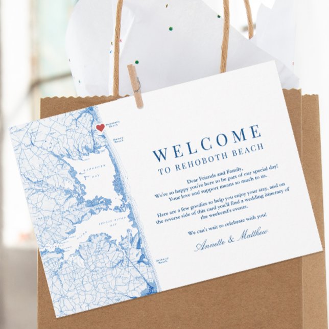 Tarjeta De Agradecimiento Bienvenida Itinerario a la Boda Rehoboth Beach (Rehoboth Beach Wedding Weekend Itinerary card with welcome letter from Coastal Map Designs)