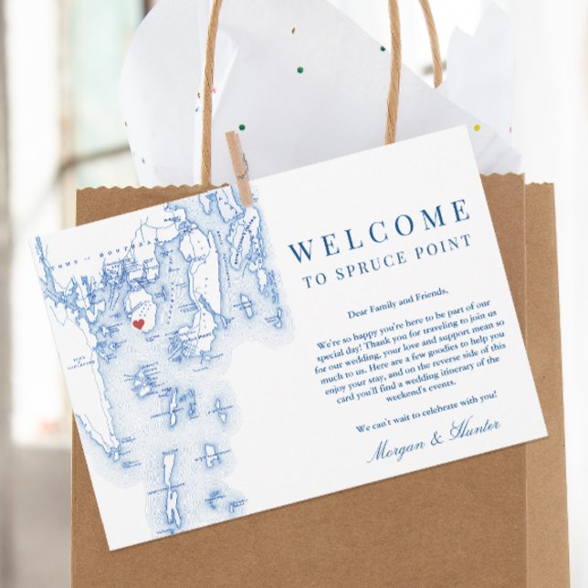 Tarjeta De Agradecimiento Bienvenida Itinerario Boda de Mapa de Punto Spruce (Welcome To Spruce Point Inn Maine Wedding Itinerary and Weekend Events Letter in elegant navy blue)