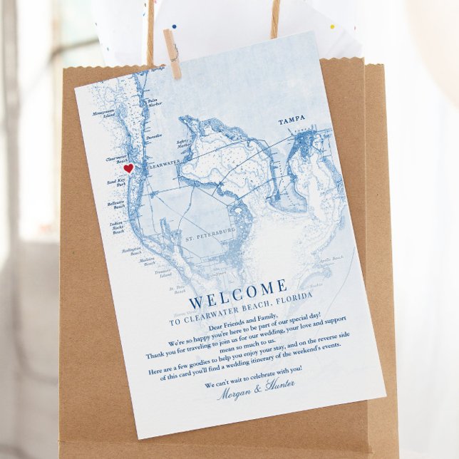 Tarjeta De Agradecimiento Bienvenida Itinerary a Boda de Clearwater Beach Fl (These Clearwater Beach, Florida wedding welcome letters include a weekend events schedule on back)