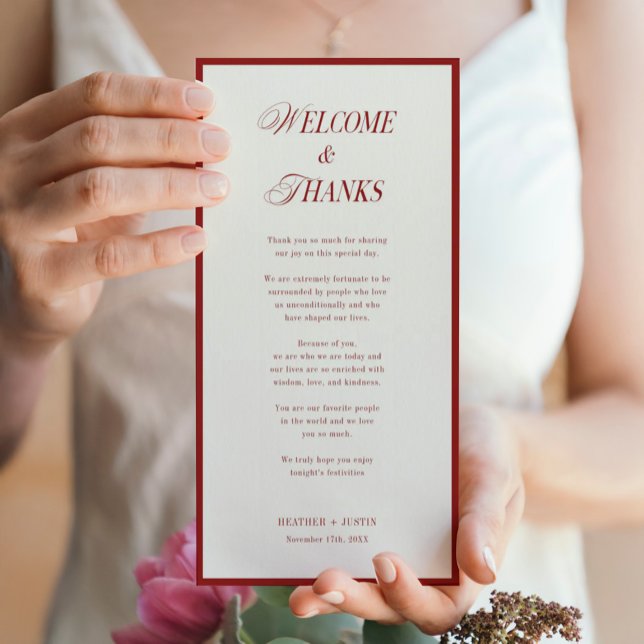 Tarjeta De Agradecimiento Bienvenida roja y gracias Boda clásico (Subido por el creador)