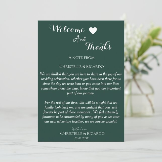 Tarjeta De Agradecimiento Bienvenida verde modernista y gracias boda (Anverso de pie)