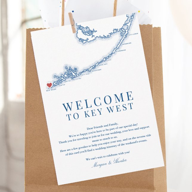 Tarjeta De Agradecimiento Bienvenido al Itinerario del Boda Azul de la Marin (Key West FL Map Wedding Welcome Letter Schedule of Events for an elegant navy blue wedding)