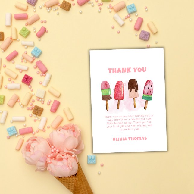 Tarjeta De Agradecimiento Bienvenidos a Baby Shower con crema de hielo rosa  (Pink Sweet Ice Cream Popcicle Baby Shower Welcome Thank You Card)
