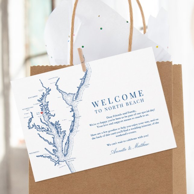 Tarjeta De Agradecimiento Bienvenidos al Boda North Beach MD e Itinerario (Welcome To North Beach Maryland Wedding Itinerary and Weekend Events Letter in elegant navy blue)