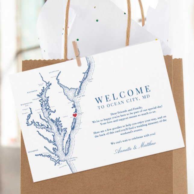 Tarjeta De Agradecimiento Bienvenidos Bodas de Ocean City Maryland e Itinera (These Ocean City MD wedding welcome cards include your wedding weekend events on the back)