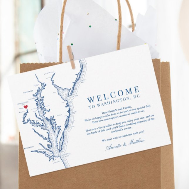 Tarjeta De Agradecimiento Bienvenidos Bodas de Washington DC e Itinerario (This Washington DC wedding welcome letter has your wedding weekend itinerary on the back)