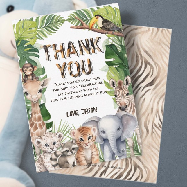 Tarjeta De Agradecimiento Bienvenidos un Safari animales 1er cumpleaños grac (Safari themed thank you cards)