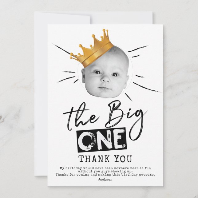 Tarjeta De Agradecimiento Big One First Birday Photo Black White (Anverso)