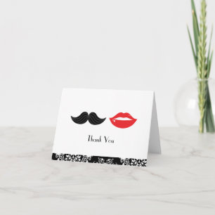 Tarjeta De Agradecimiento Bigote y Labios Rojos, Negros y Blancos para Boda 