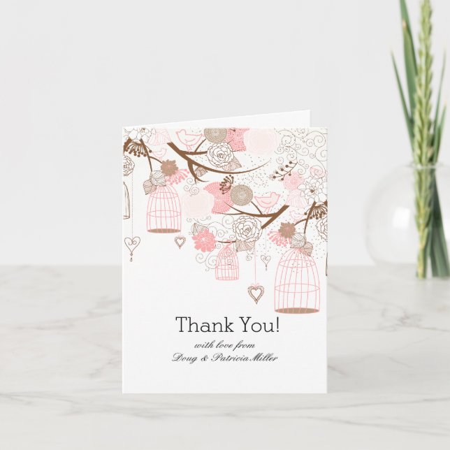Tarjeta De Agradecimiento Bird Cages and Flowers Tree Branch Gracias (Anverso)