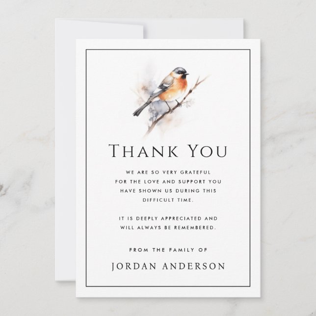 Tarjeta De Agradecimiento Bird on branch thin border funeral memorial (Anverso)