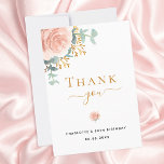 Tarjeta De Agradecimiento Birthday floral eucalyptus greenery rose gold pink<br><div class="desc">A modern and elegant 50th (or any age) birthday thank you card. A chic white background. Decorated with rose gold and blush pink roses, florals flowers and green watercolored eucalyptus leaves, sprigs, greenery and faux gold sprigs. Black and golden letters. On the front the text: Thank You, name, and a...</div>