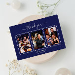 Tarjeta De Agradecimiento Birthday navy blue white photo script guy men<br><div class="desc">Add 3 of Your birthday photos,  vertical size,   a date,  name,   and the thank you note.  A classic navy blue background with white text and frame.  The text: Thank you on the front and your name on the back are written with a stylish hand lettered script with swashes.</div>