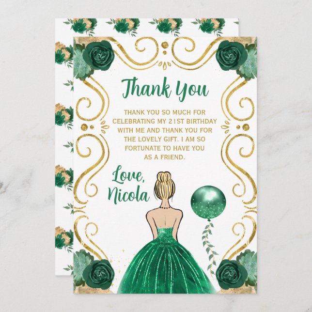 Tarjeta De Agradecimiento Birthday Party Blonde Princess Green (Anverso / Reverso)