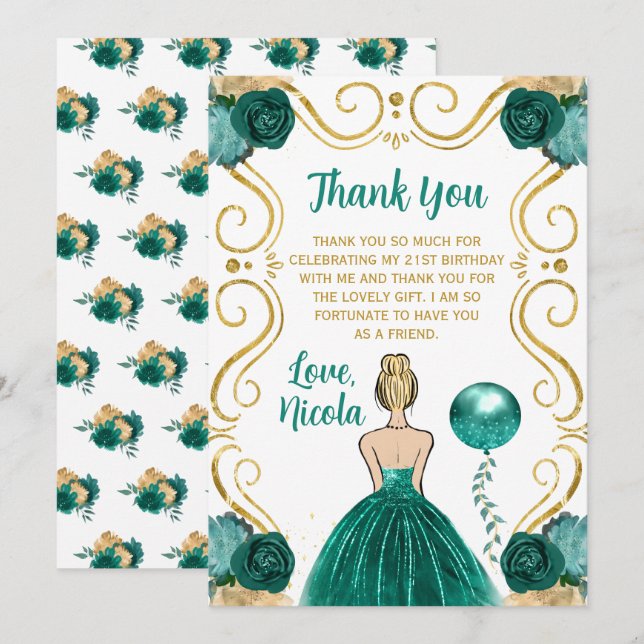 Tarjeta De Agradecimiento Birthday Party Blonde Princess in Teal (Anverso / Reverso)
