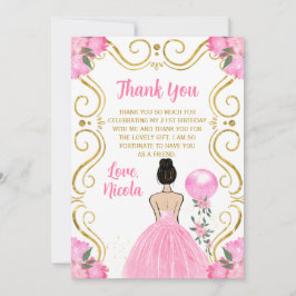 Tarjeta De Agradecimiento Birthday Party Brown Hair Princess in Pink