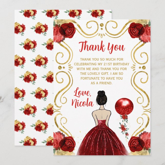 Tarjeta De Agradecimiento Birthday Party Brown Hair Princess in Red (Anverso / Reverso)