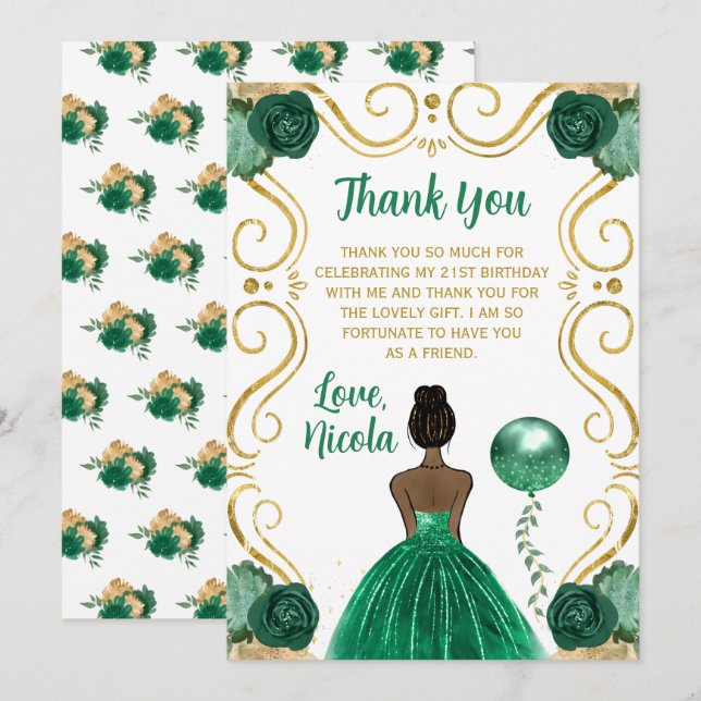Tarjeta De Agradecimiento Birthday Party Dark Skin Princess in Green (Anverso / Reverso)