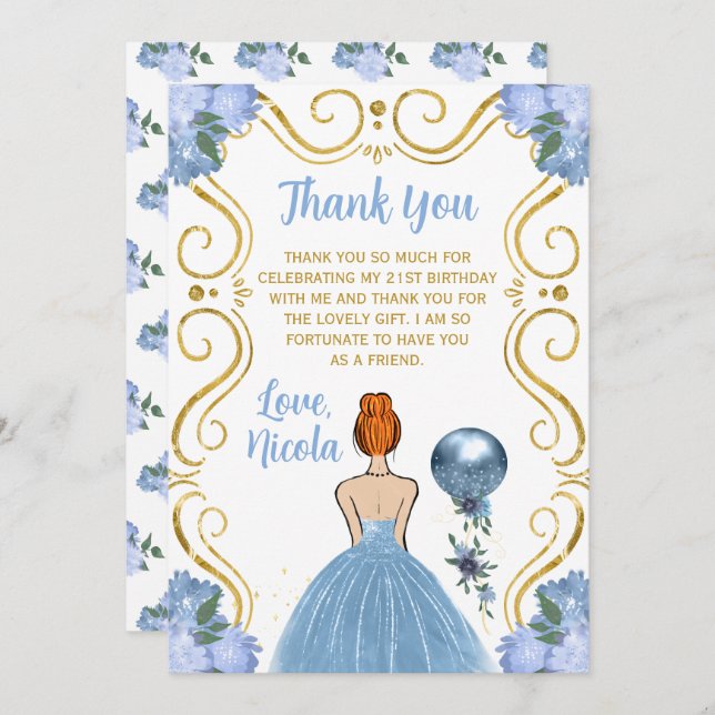 Tarjeta De Agradecimiento Birthday Party Red Hair Princess Blue  (Anverso / Reverso)