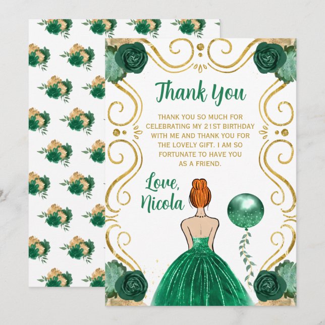 Tarjeta De Agradecimiento Birthday Party Red Hair Princess in Green (Anverso / Reverso)