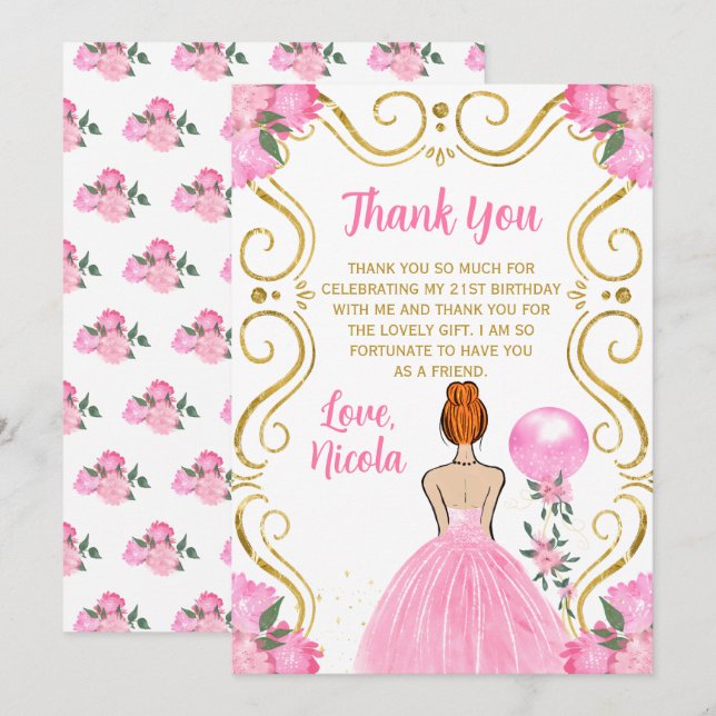 Tarjeta De Agradecimiento Birthday Party Red Hair Princess in Pink (Anverso / Reverso)