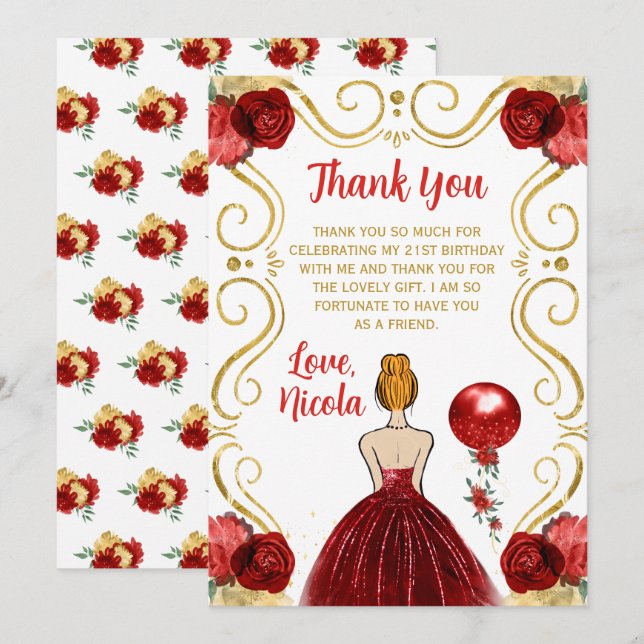 Tarjeta De Agradecimiento Birthday Party Red Hair Princess in Red (Anverso / Reverso)