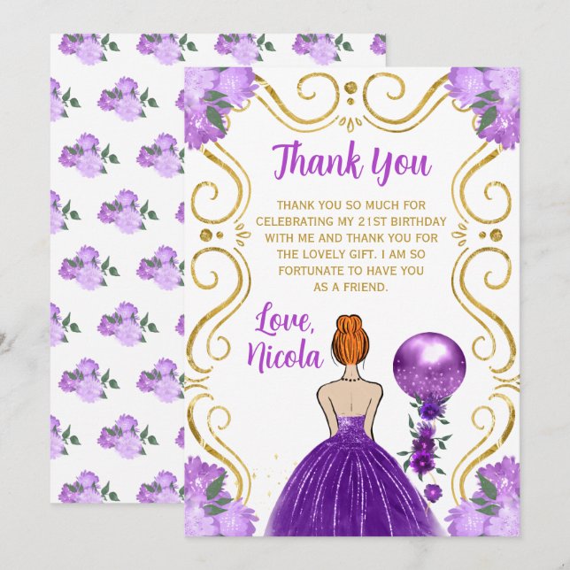 Tarjeta De Agradecimiento Birthday Red Hair Princess Purple Happy Birthday (Anverso / Reverso)