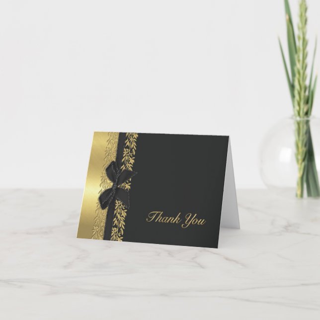 Tarjeta De Agradecimiento Black All Gold Vine Border Gracias (Anverso)