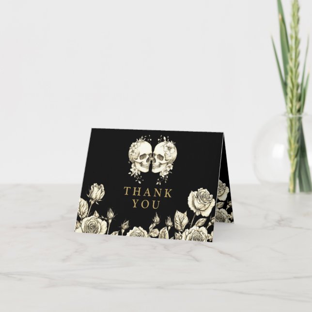 Tarjeta De Agradecimiento Black And Gold Gothic Floral Skulls Wedding (Anverso)