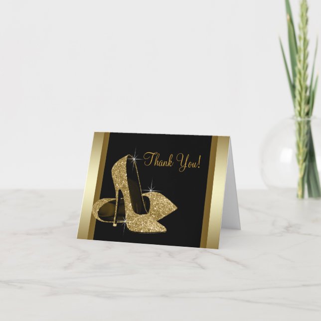 Tarjeta De Agradecimiento Black and Gold High Heel Shoe Thank You (Anverso)