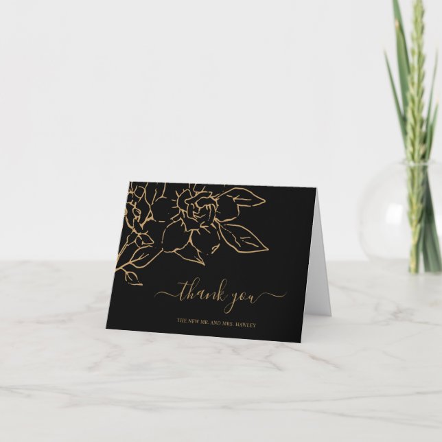 Tarjeta De Agradecimiento Black and Gold LIne Art Floral Elegant Wedding (Anverso)