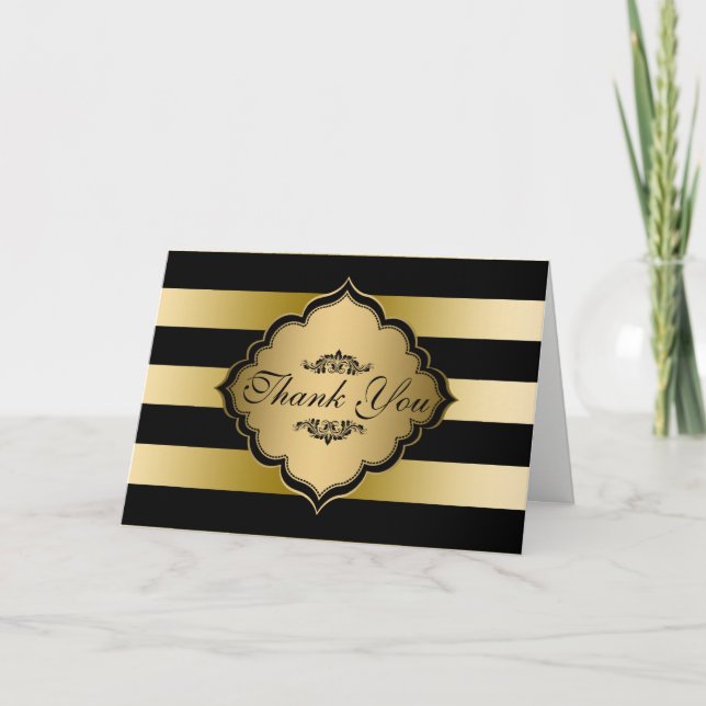 Tarjeta De Agradecimiento Black And Gold Stripes Black Swirls - Gracias (Anverso)