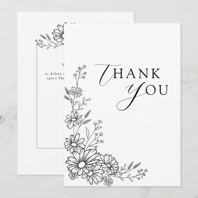 Tarjeta De Agradecimiento Black and White Botanical Daisy Garden Wedding (Anverso / Reverso)