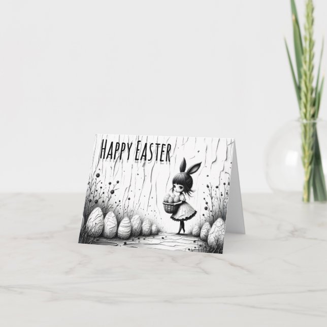 Tarjeta De Agradecimiento Black and White Easter Girl with Bunny Ears (Anverso)